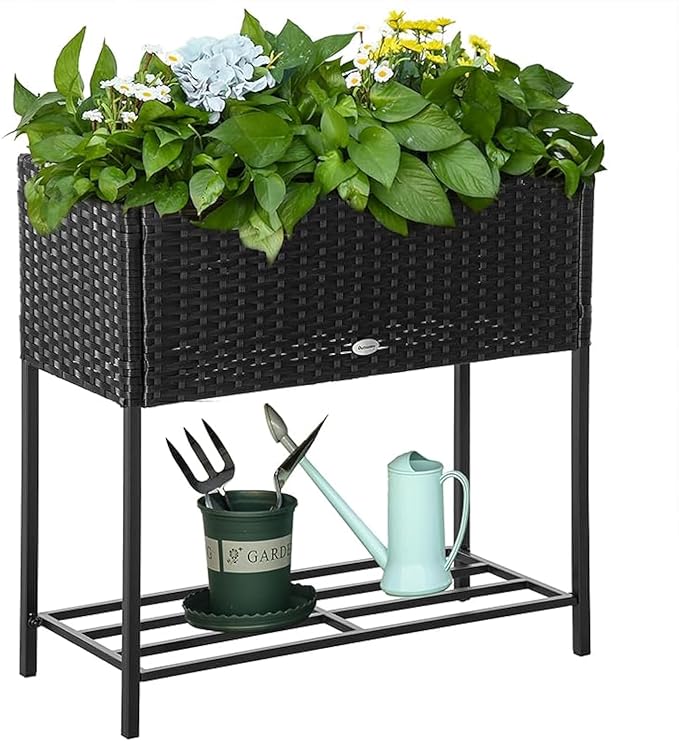 Outsunny Raised Garden Bed Elevated Planter Box with Rattan Wicker Look Tool Storage Shelf Portable Design for Herbs Vegetables Flowers Black