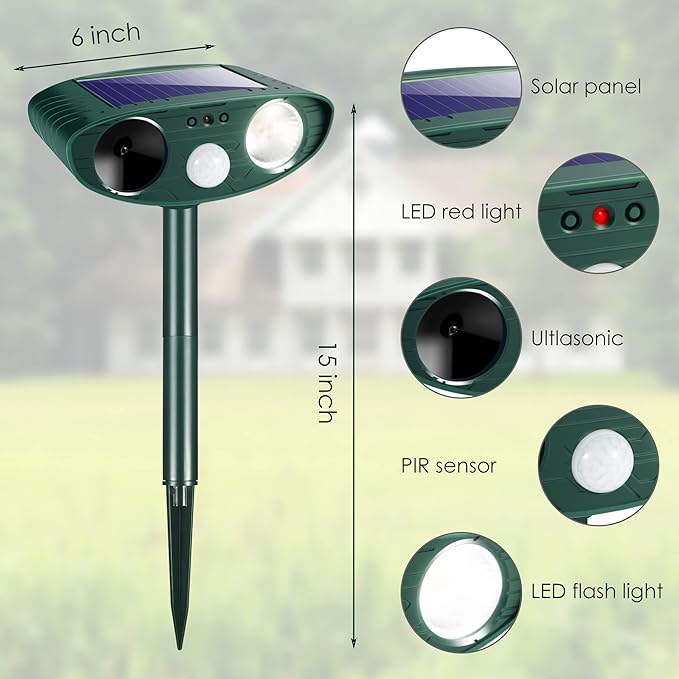 Solar Ultrasonic Animal Repellent Outdoor Cat Repellent Deer Repeller Animal Deterrent Devices for Squirrel Rabbit Raccoon Dog Coyote Rodent Skunk Out of Yard Garden Lawn2 Pack