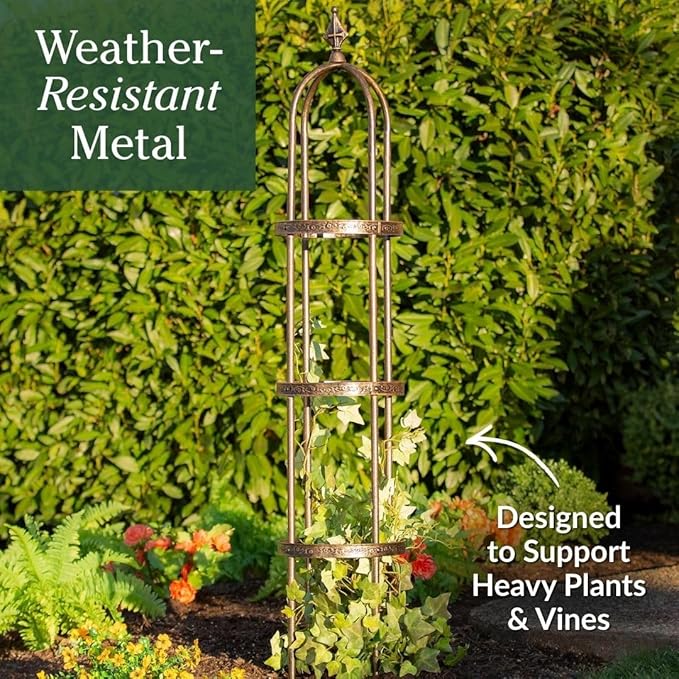 Plow &amp Hearth Metal Garden Obelisk | Indoor/Outdoor | Powder-Coated Steel | Trellis for Climbing | Floral Pattern | 11 Dia. x 7'H | Antique Copper