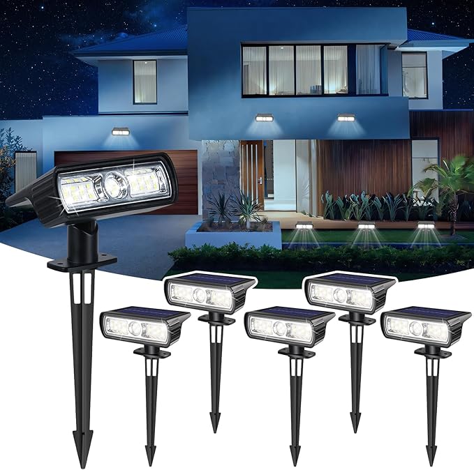 Toodour Solar Spot Light Outdoor 6 Pack Solar Lights Outdoor with 2 Modes Waterproof Solar Powered Flood Lights Landscape Lighting for Yard Garden Home Pathway Walkway Outdoor Decor - Cool White