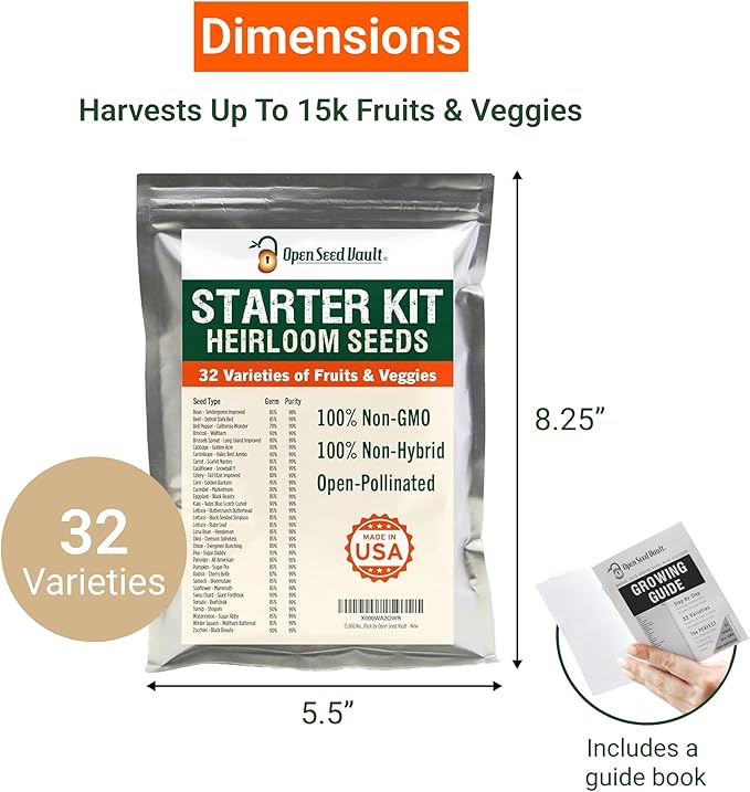 Open Seed Vault |15000 Heirloom Seeds | 32 Seed Types | Survival Seeds | 2026 Season | Non GMO Vegetable and Fruit Seeds | Planting Outdoor &amp Indoor Garden