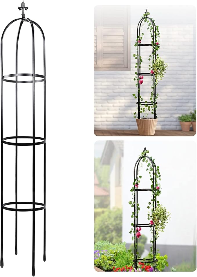 Idzo 100% Metal Obelisk Trellis for Climbing Plants Outdoor 6ft - 72in Heavy Duty Black Garden Trellis for Climbing Vine with Stone-Look Finish 1pc