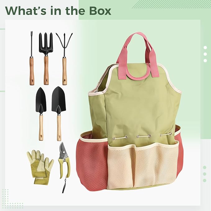 9 Pcs Hand Garden Tool Sets Gardening Gifts for Women &amp Men with Wooden Handles Includes Transplanter Hand Fork Hand Rake Trowel and Tote Bag