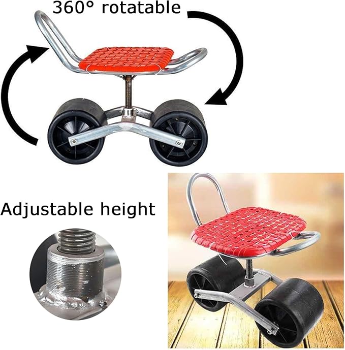 Garden Stool with 2 WheelsGardening Rolling Workseat Bearing 150kgAdjustable Height 20-33cmfor Orchards Farms(Black)