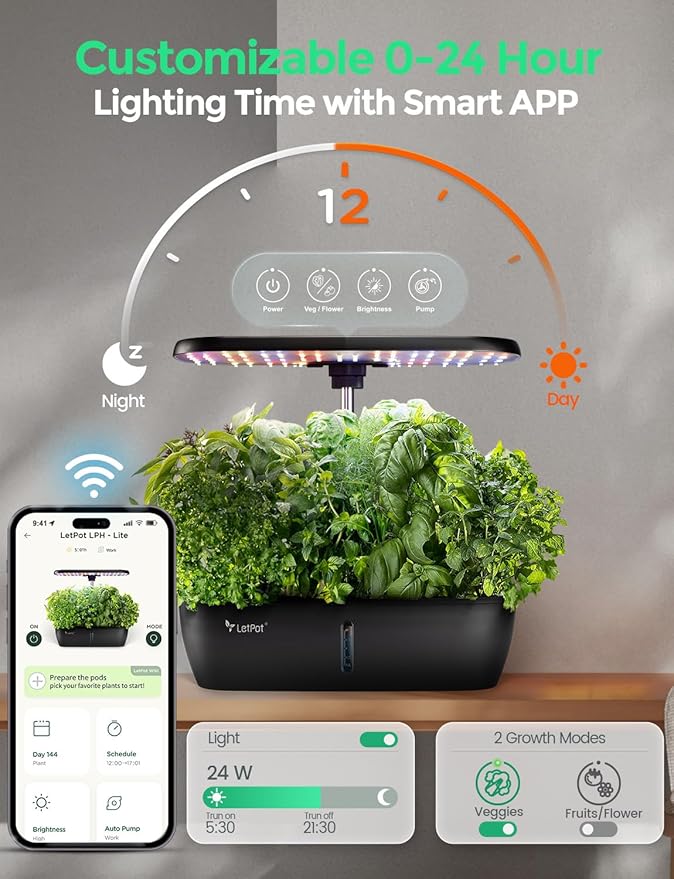 LETPOT LPH-Lite Hydroponics Growing System 12 Pods Smart Herb Garden Kit Indoor Indoor Garden APP &amp WiFi Controlled with 24W Growing LED 5.5L Water Tank Pump System Automatic Timer