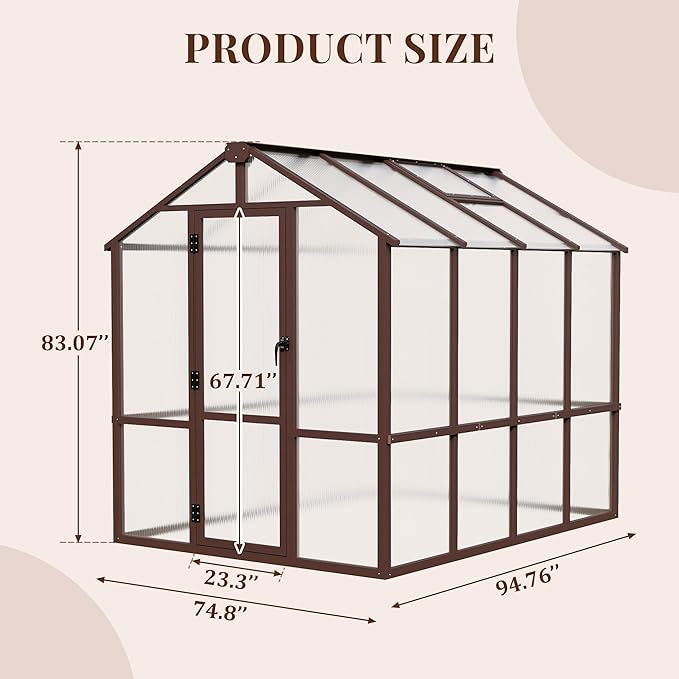 6x8 FT Wooden Greenhouse with Cedar Frame Walk-in Heavy Duty Green House for Outdoors with 6MM Thick Polycarbonate Panel and Adjustable Roof Vents Garden Backyard Patio Lawn Brown