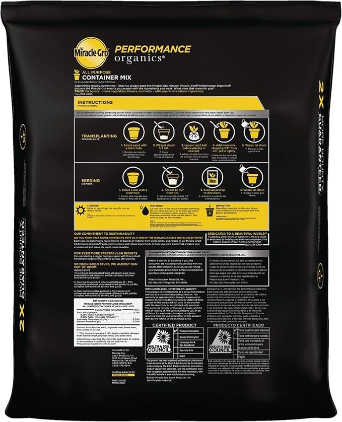 Miracle-Gro Performance Organics All Purpose Container Mix - Organic and Natural Plant Soil Feed for Up to 3 Months For Vegetables Flowers and Herbs Use in Indoor and Outdoor Containers 1 cu. Ft