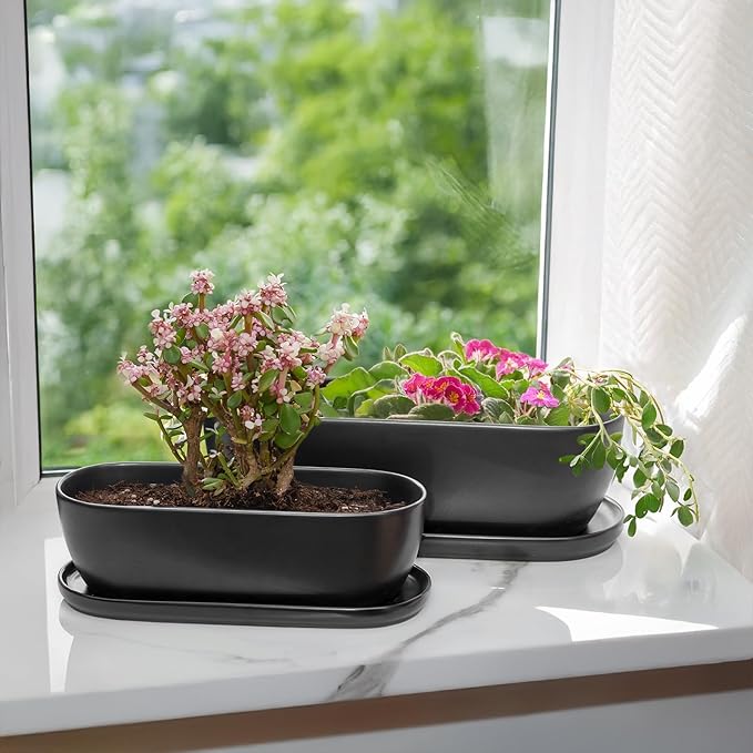 E-liu Oval Ceramic Planter Pot with Drainage Hole Saucers 11 Inch Succulents Planter Home Decor for Indoor Outdoor Plants Herb Cactus with 3 Mesh Pads Plants Not Included Black