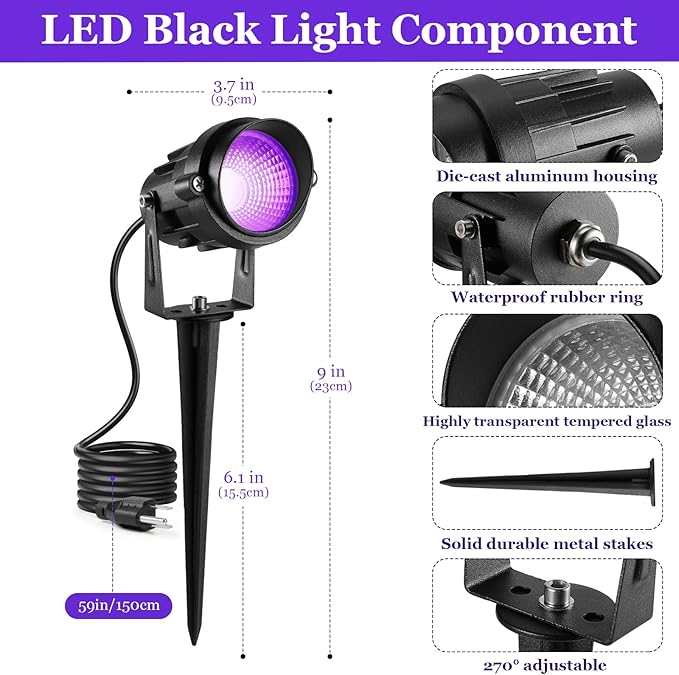 Junview Outdoor Black Light Halloween Light Outdoor LED Blacklight Waterproof Spotlight120V Purple Spotlight Outdoor Halloween Black Lights Spot Lights Outdoor for Glow Party Fluorescent (6Pack)