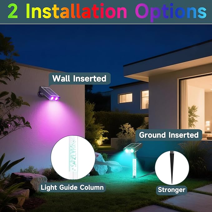 RGB Solar Spot Lights : 2 IN 1 Solar Lights Outdoor with 8 Lighting Modes &amp PC Light Guide Column for Tree Garden Yard Pathway | RGB Color Changing Landscape Lights | IP65 Waterproof | 6 Pack