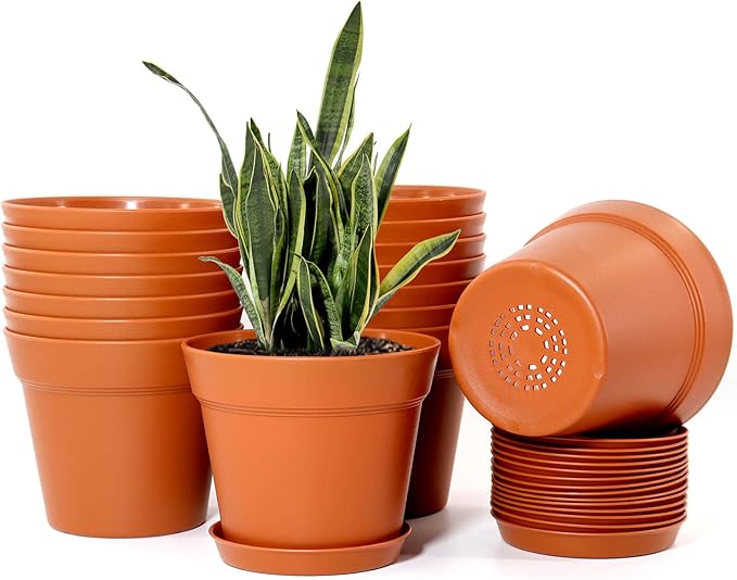 WOUSIWER 16 Pack 6 inch Plastic Planters Plastic Indoor Planter Flower Pots Heavy Duty and Stylish 6 Inch Plant Pots for Indoor Plants with Drainage Holes and Tray for Plants Flowers Terracotta