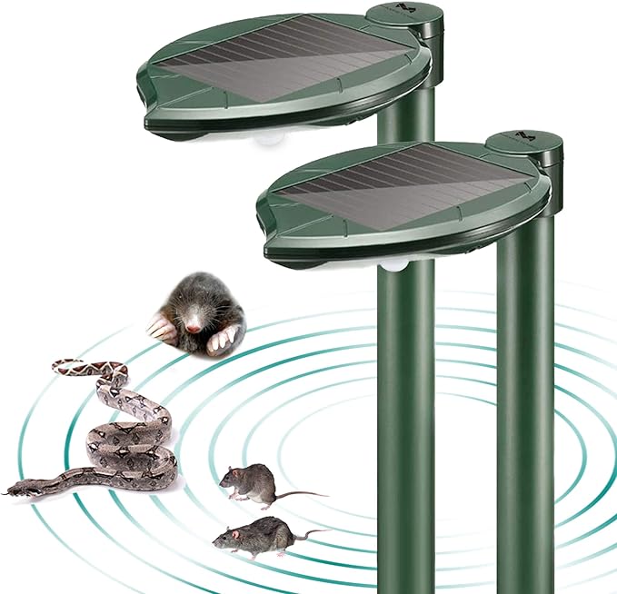 Solar Snake Repellent Ultrasonic Outdoor with LED Light Sonic Mole Repeller Solar-Powered Snake Mole Vole Gopher Away for Lawn Yard 2PK