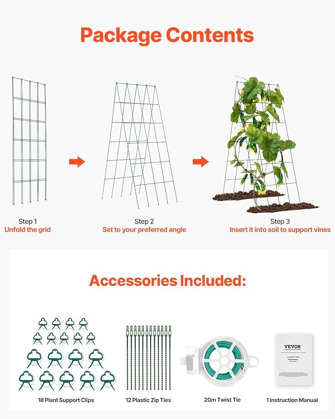 VEVOR Cucumber Trellis for Climbing Plants39 H x 32 W Foldable Cucumber Trellis Set with Twist Ties Metal Garden Trellis for Raised Bed Outdoor Plant Grow Support for Tomato Vegetable(2 Pack)