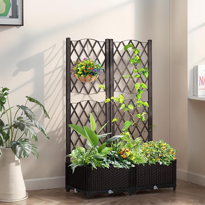 Raised Garden Bed with Trellis Outdoor Free-Standing Trellis Planter Box with Drainage Holes Privacy Planter for Patio Above Ground Elevated Garden Bed for Outdoor Climbing Plants Vines (Brown)