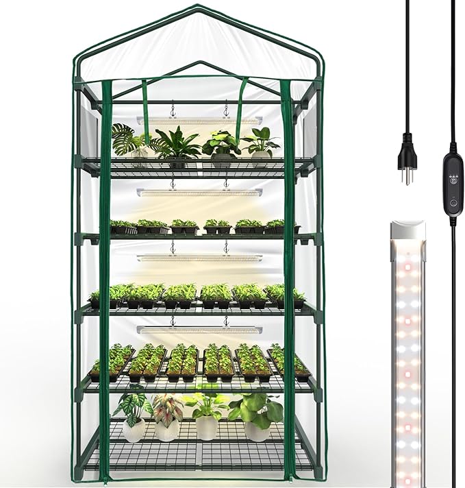 Bstrip Indoor Greenhouse with Grow Light 5-Tier Large Green House 5Pcs Grow Lights for Seed Starting with Timer PVC Tent with Airflow Windows Indoor Greenhouse Cabinet 40.2x18.9x74.8in
