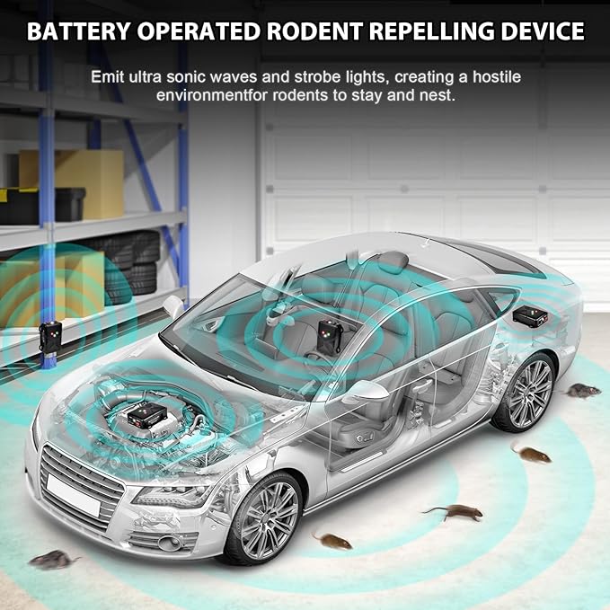Under Hood Rodent Repeller Battery Operated Ultrasonic &amp Strobe Light Mouse and Rat Deterrent for Car Engines – Wireless Animal Repellent Device for Vehicle Pest Control