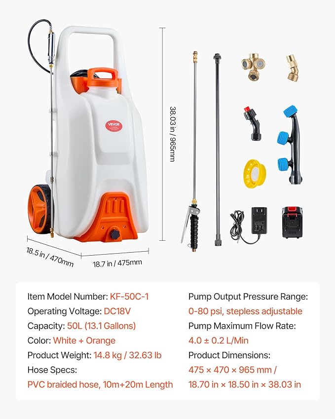 VEVOR 13.1 Gallon Battery Powered Sprayer with Wheels Adjustable 0-80 PSI 5 Nozzles and 98ft Hose Included Orange