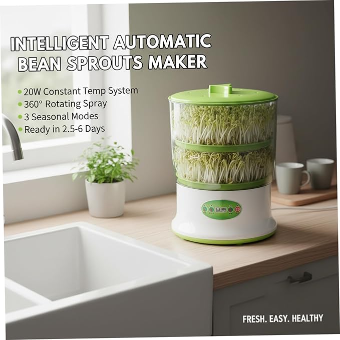 Bean Sprouts Grow Kit 2-Tier Large Capacity Seed Sprouting Kit with 360° Spray 3 Modes for Indoor Gardening Green Sprout Growing