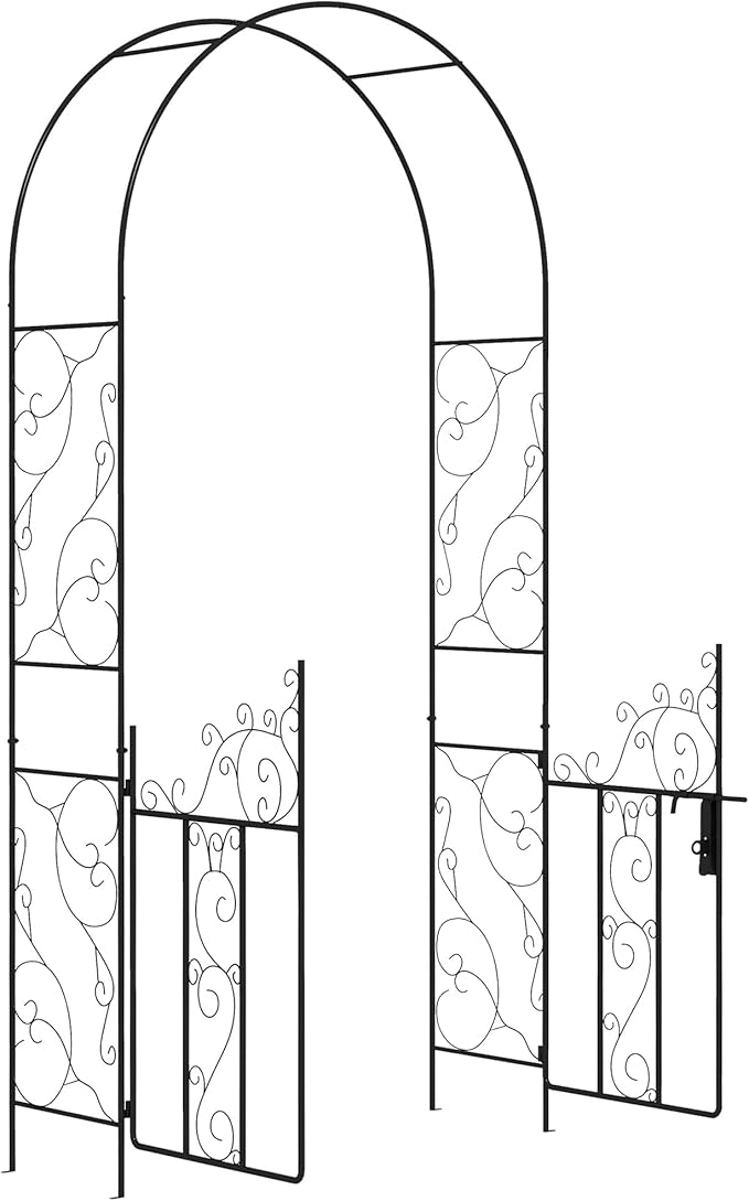 7.5' Metal Garden Arch with Gate Garden Arbor Trellis for Climbing Plants Roses Vines Wedding Arch for Outdoor Garden Lawn Backyard Black