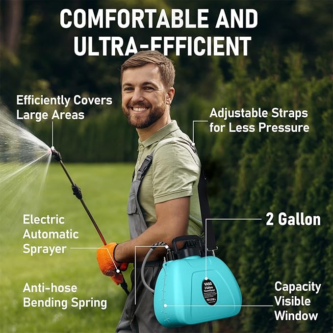 2 Gallon Battery Powered Garden Sprayer Electric Backpack Sprayer Garden Yard Lawn Sprayer with 5 Mist Nozzles &amp Retractable Wand &amp Adjustable Strap for Lawn Weed Yard