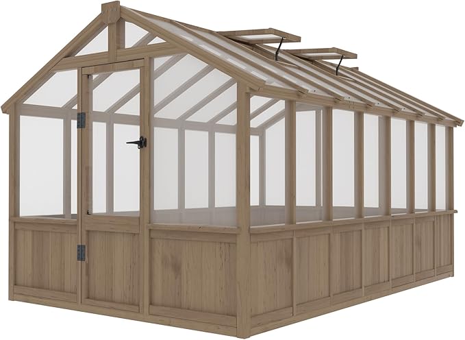 VEIKOU 8x14 FT Greenhouses for Outdoors Walk-in Wooden Greenhouse with Cedar Frame &amp Adjustable Vents Garden Green House with 6MM Thick Polycarbonate Panel for Outside Backyard Light Brown Moc