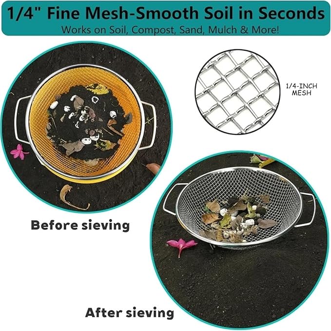 Stainless Steel Soil Sieve Stainless Steel Soil Sifter for 5 Gallon Bucket 1/4 Inch Mesh Garden Screen with Heavy Duty Handles for Sand Compost