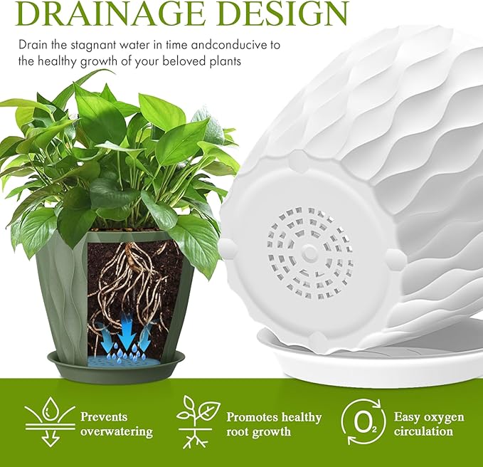 8 Inch Plant Pots with Saucers (4 Pack) - Modern Ribbed Flower Pots for Indoor Plants - Sturdy Decorative Planters for Snake Plant &amp Flowers - Drainage Holes (4 Multicolor)