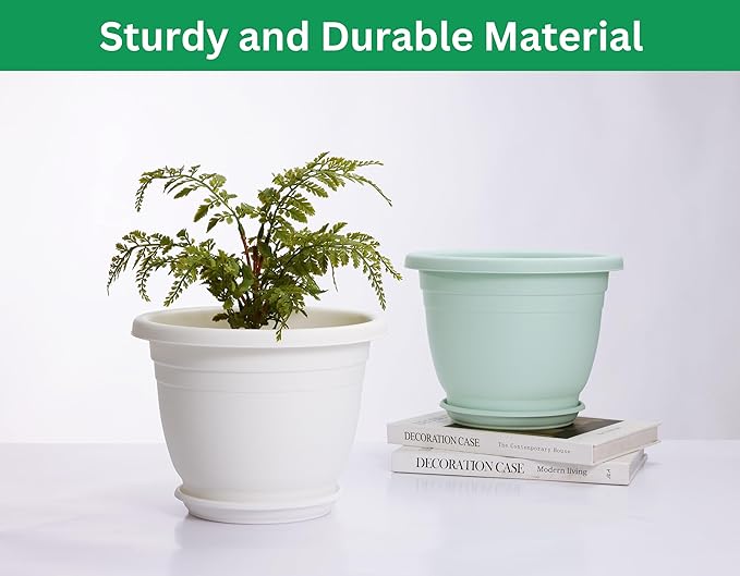 5 Packs 10 inch Plant Pots + Saucer Planters for Indoor &amp Outdoor Plants with Drainage Holes | Plastic Flower Pots Large Planter (Beige 10 inch)