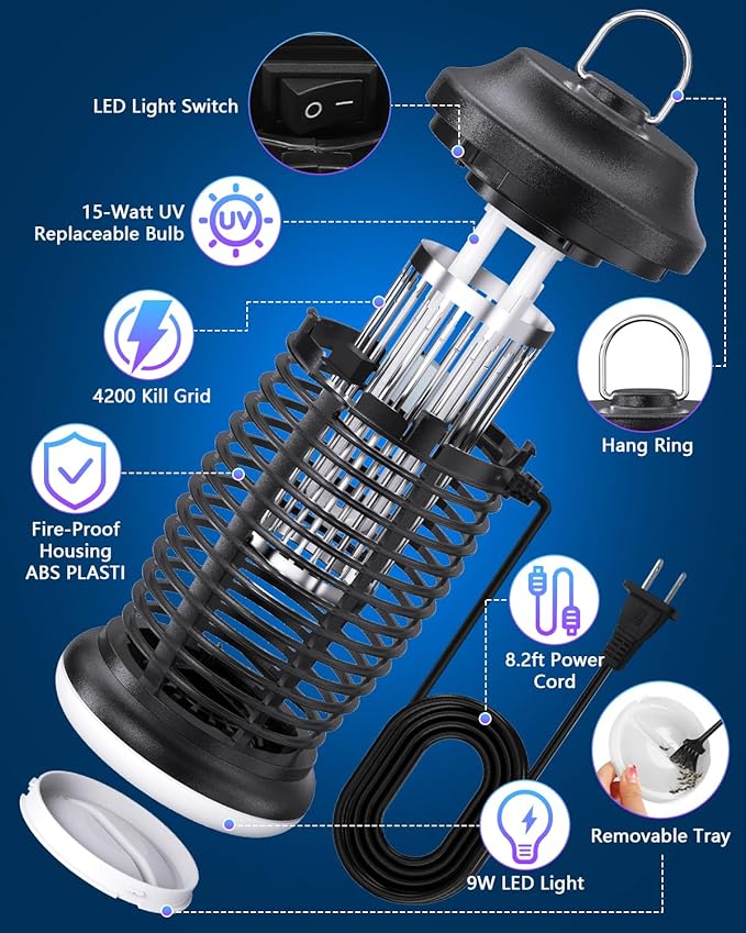 Outdoor Insect Killer Mosquito Killer Electric Fly Killer Insect Killer Mosquito Killer Fly Trap Indoor and Outdoor Flying Insect Killer 4200V ABS Plastic Shell (Black)