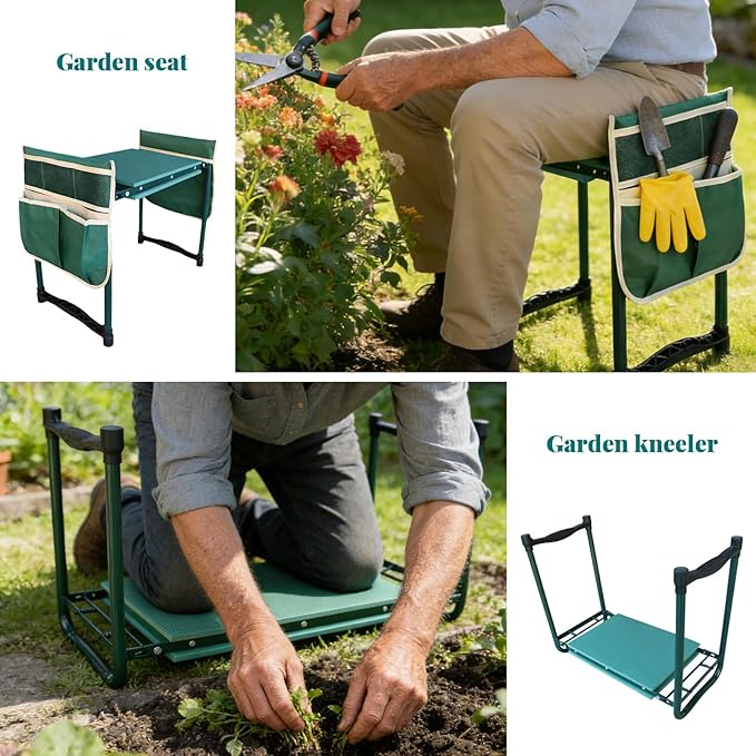 Heavy-Duty Garden Kneeler and Seat with Two Tool Bag Extra-Wide 11.02 Foldable Gardening Stool for Knee &amp Back Support | Non-Slip Portable Bench for Women Men Seniors Mom Dad