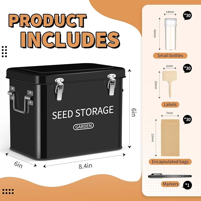 Blulu 85 Pcs Seed Storage Organizer 3 Compartment 30 Slot Metal Seed Saving Box with Lid and Lock with 1 Marker Pen 20 Plant Labels 30 Envelopes 30 Bottles Stickers for Garden Flower Plant(Black)
