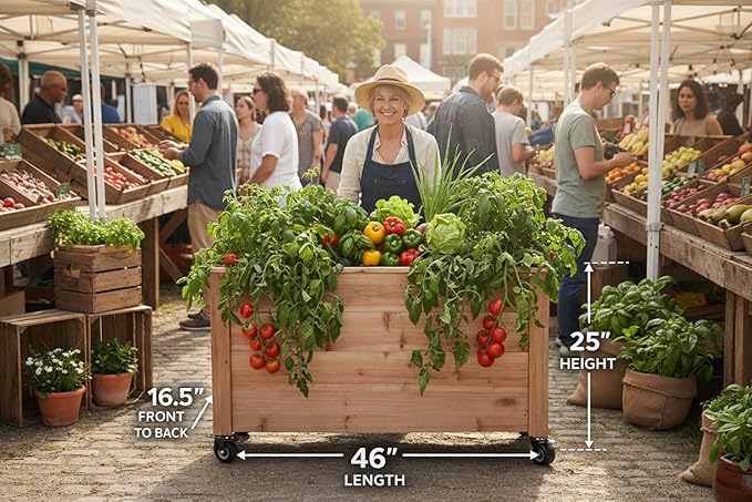 Tall Cedar Planter Box with Locking Wheels – Mobile Raised Garden Bed for Patio Balcony &amp Business Entrances – Wooden Planter with Brakes for Flowers Herb &amp Vegetable Plants (30 x 16.5 x 2