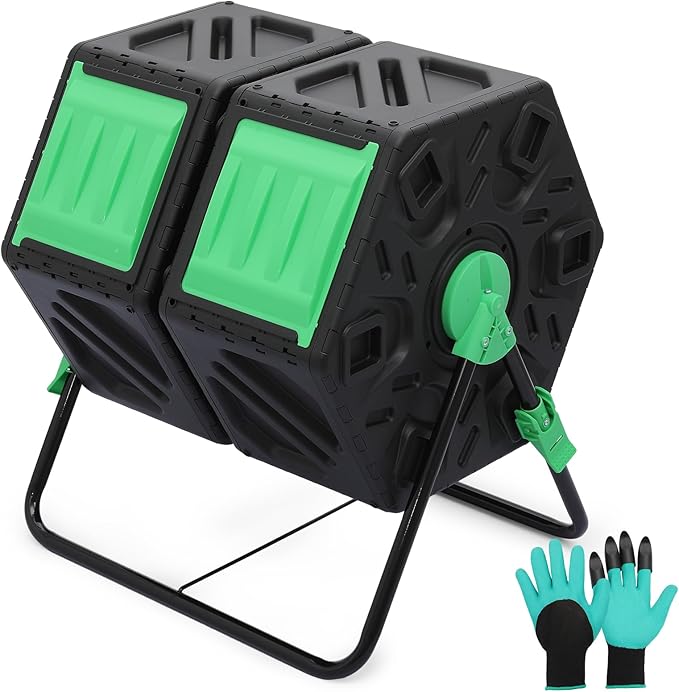 MoNiBloom 34 Gallon Compost Bins Outdoor Dual Chamber Composter Tumbler All-Season Fast Working Tumbling Composter High Volume Composter with 2 Sliding Doors
