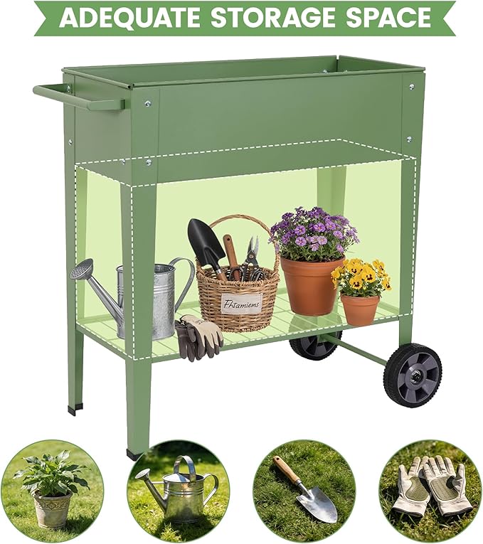 Tall Raised Garden Bed Outdoor with Wheels Metal Elevated Raised Planter Box with Drainage Holes for Vegetables Flower Herbs(Green)