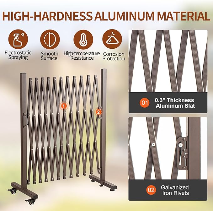 TECSPACE Aluminum Expandable Garden Fence Portable Barricade Gate with Casters Adjustable Retractable Fence Mobile Barricade Safety Barrier (Brown 130×15×41 inch)