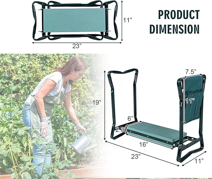 2-in-1 Garden Kneeler &amp Seat Folding Seat w/EVA Foam Kneeling Pad &amp Removable Tools Pouch Sturdy Steel Frame No Assembly Portable Heavy Duty Garden Stool for Women &amp Men