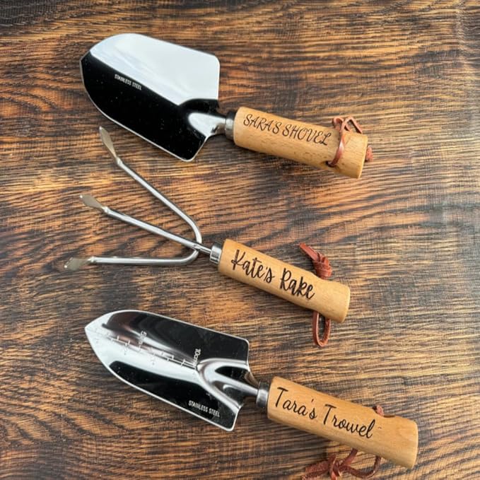 Personalized Garden Tools Gift Set for Gardeners - Custom Gardening Wooden Shovel Trowel &amp Rake with Bag