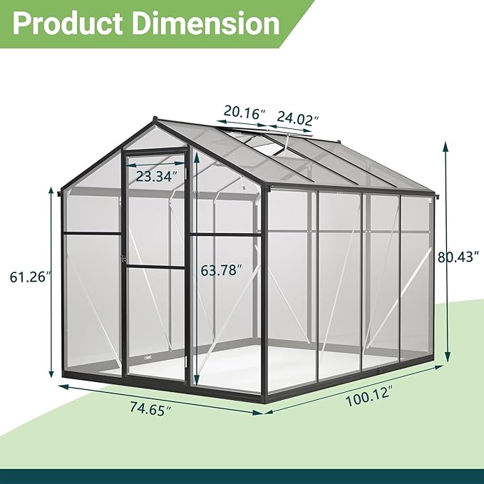 6x8 FT Walk-in Greenhouse Kit with Polycarbonate Panels &amp Aluminum Frame Green Houses for Outside with 2 Vents Greenhouses for Outdoors with Lockable Door Backyard Discovery Greenhouse (Black)