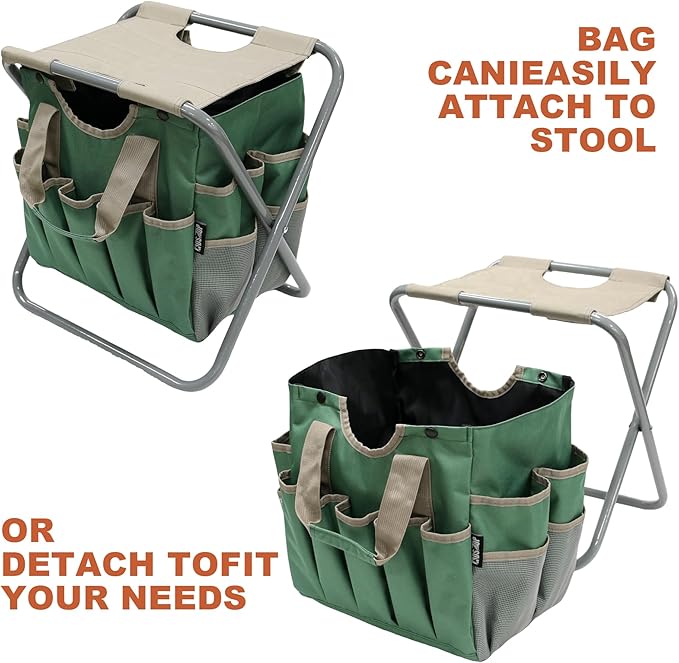 MDSTOP Folding Gardening Stool with Detachable Storage Tote Bag Gardening Tools Set Organizer for Fishing Outdoor Sports Hiking Camping Garden Gardening Gifts for Mom/Dad and Gardeners (Polyester)