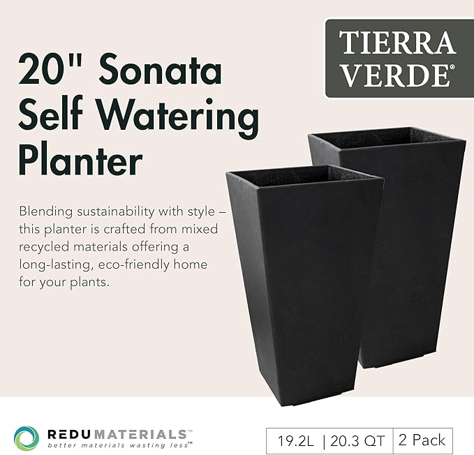 Tierra Verde 2-Pack Indoor &amp Outdoor Self-Watering Square Planters Medium Sonata Black - Planter Containers for Plants and Flowers - Gardening and Landscaping Accessories