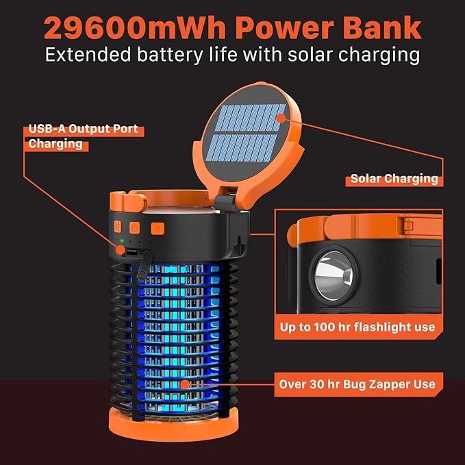 FosPower Bug Zapper Outdoor &amp Indoor (5-in-1) 3300V Mosquito Zapper with 29600mWh Power Bank Rechargeable USB/Solar Charging Flashlight Reading Light SOS Signal for Patio Camping Essentials