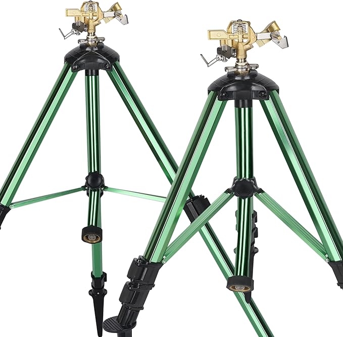 2 Pack Impact Sprinkler on Tripod Base 360° Adjustable Brass Sprinkler Head with Stakes Heavy Duty Metal Tripod Lawn Sprinkler for Large Area Lawn Yard &amp Garden Irrigation