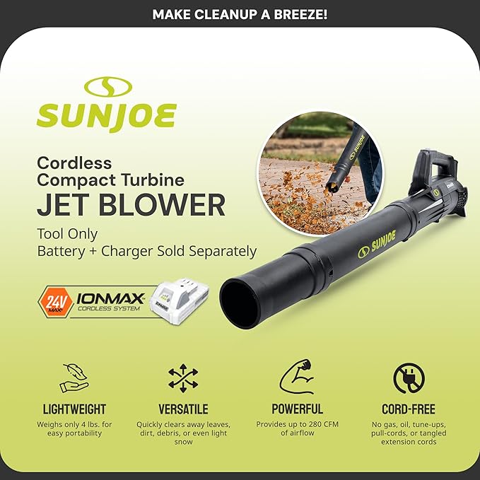 Sun Joe 24-Volt Cordless Compact Turbine Leaf Blower 100 MPH Air Speed 280 CFM Airflow