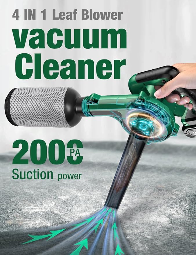 K I M O. Cordless Leaf Blower Vacuum Combo 4 in 1 3 Nozzles &amp3 Modes for Inflation &amp Deflation Extended Tube &amp Variable Speed 20000RPM 150MPH 2x2000mAh Battery Powered Leaf Blowers for