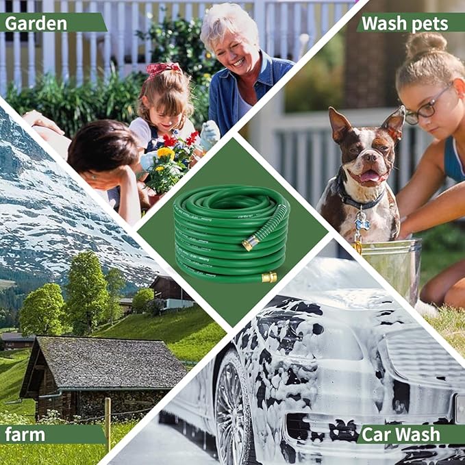 25FT 5/8 Heavy Duty Rubber Garden Hose - 300psi Working 1000psi Burst - Hot/Cold Water - Five-Layered Braiding for Durability - Versatile for Gardening Agriculture Construction(Green)