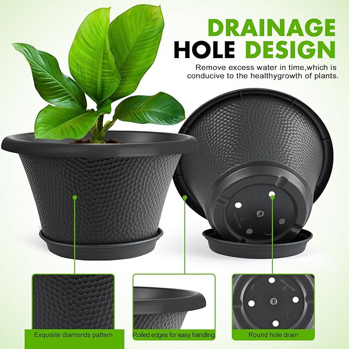 Quarut 12 Inch Pots for Plants4 Pack Large Flower Pots with Drainage Hole &amp SaucerModern Planters for Indoor Outdoor PlantsDecorative Resin Garden Pots Black