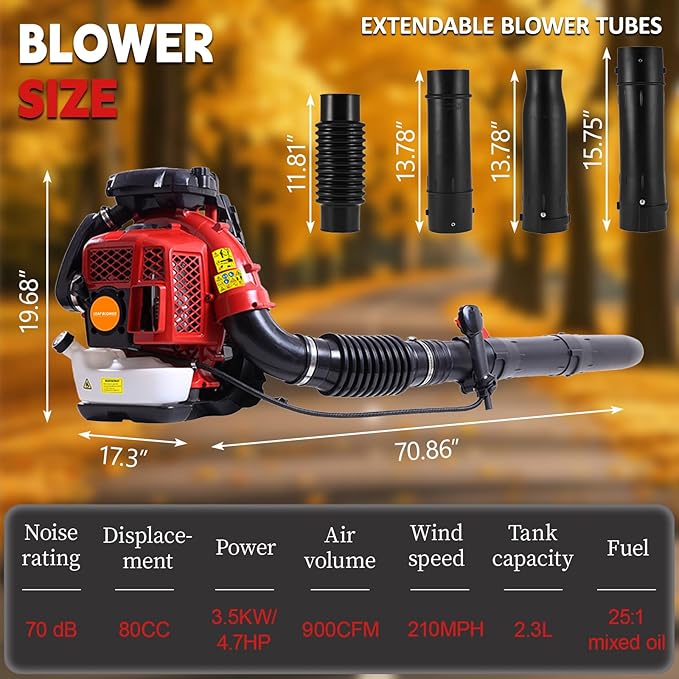 Backpack Leaf Blower 80CC 4.7HP 2-Cycle Gas Leaf Blower 900-CFM &amp 210-MPH Powerful Back Pack Blowers Variable Speed Cruise Control Portable Air Blower for Garden Snow Dirt Debris