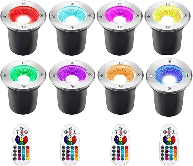 8PCS LED Landscape Lights - Outdoor COB Recessed Ground Spotlight 6W Color Changing Floor Light with Remote Control 12V-24V Stainless Steel Round Buried Garden Light(6W- 24v)