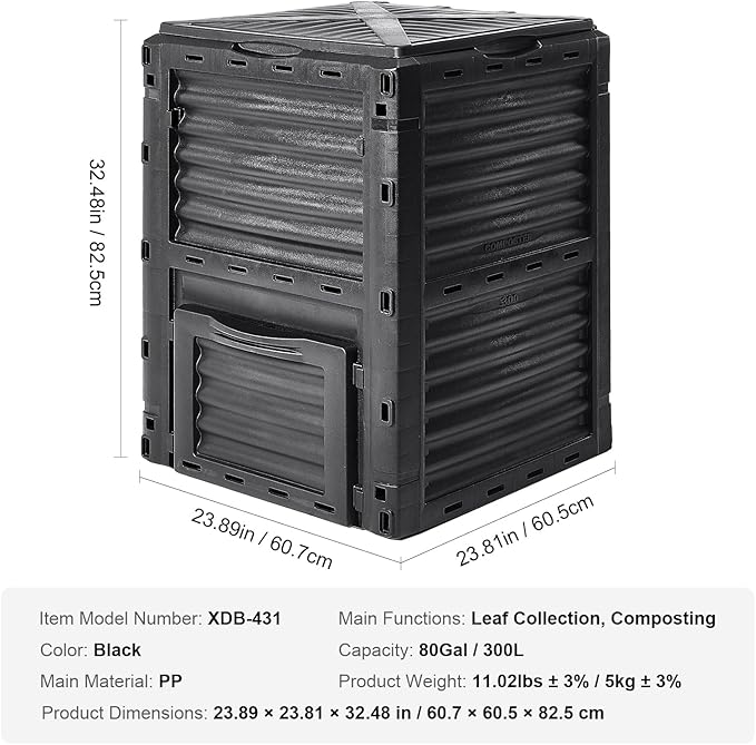 VEVOR Garden Compost Bin 80 Gallon BPA Free Composter Large Capacity Outdoor Composting Bin with Top Lid and Bottom Door Easy Assembling Lightweight Fast Creation of Fertile Soil