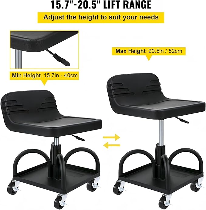 Rolling Garage Stool 300Lbs Capacity Adjustable Height 15.7-20.5 Inch Mechanic Seat with Tool Tray